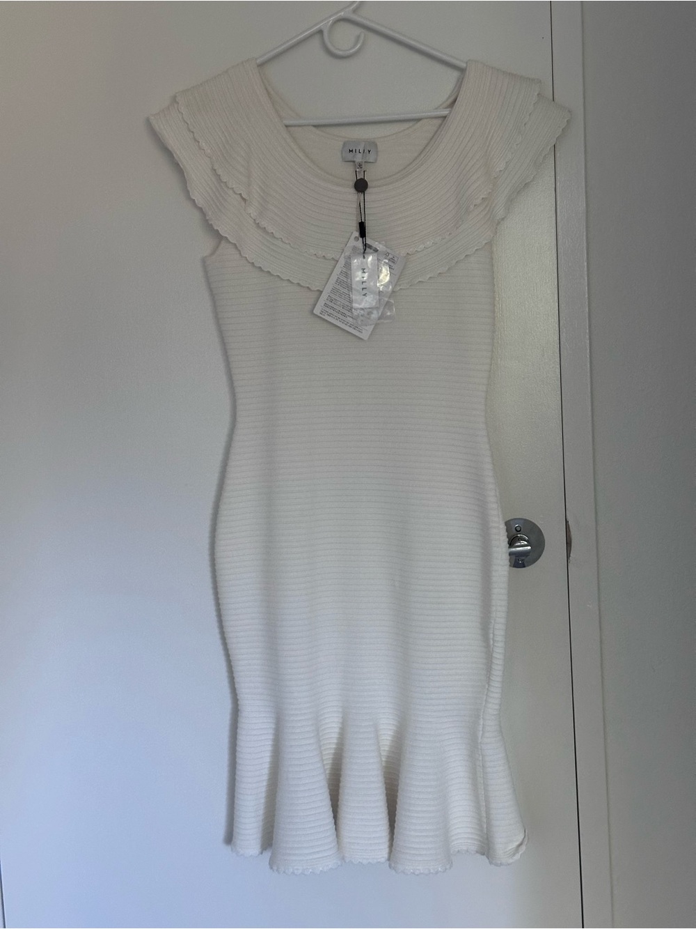 Milly Ivory Ribbed Knit Ruffle-Hem Dress NWT size L